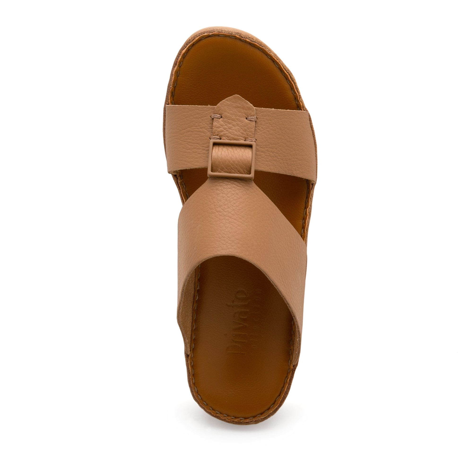 Tan classic leather sandals with buckle detail and cushioned sole from Private Collection