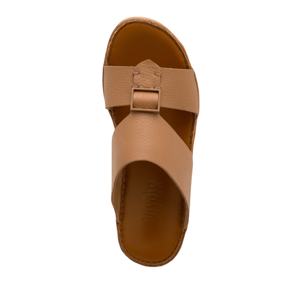 Tan classic leather sandals with buckle detail and cushioned sole from Private Collection
