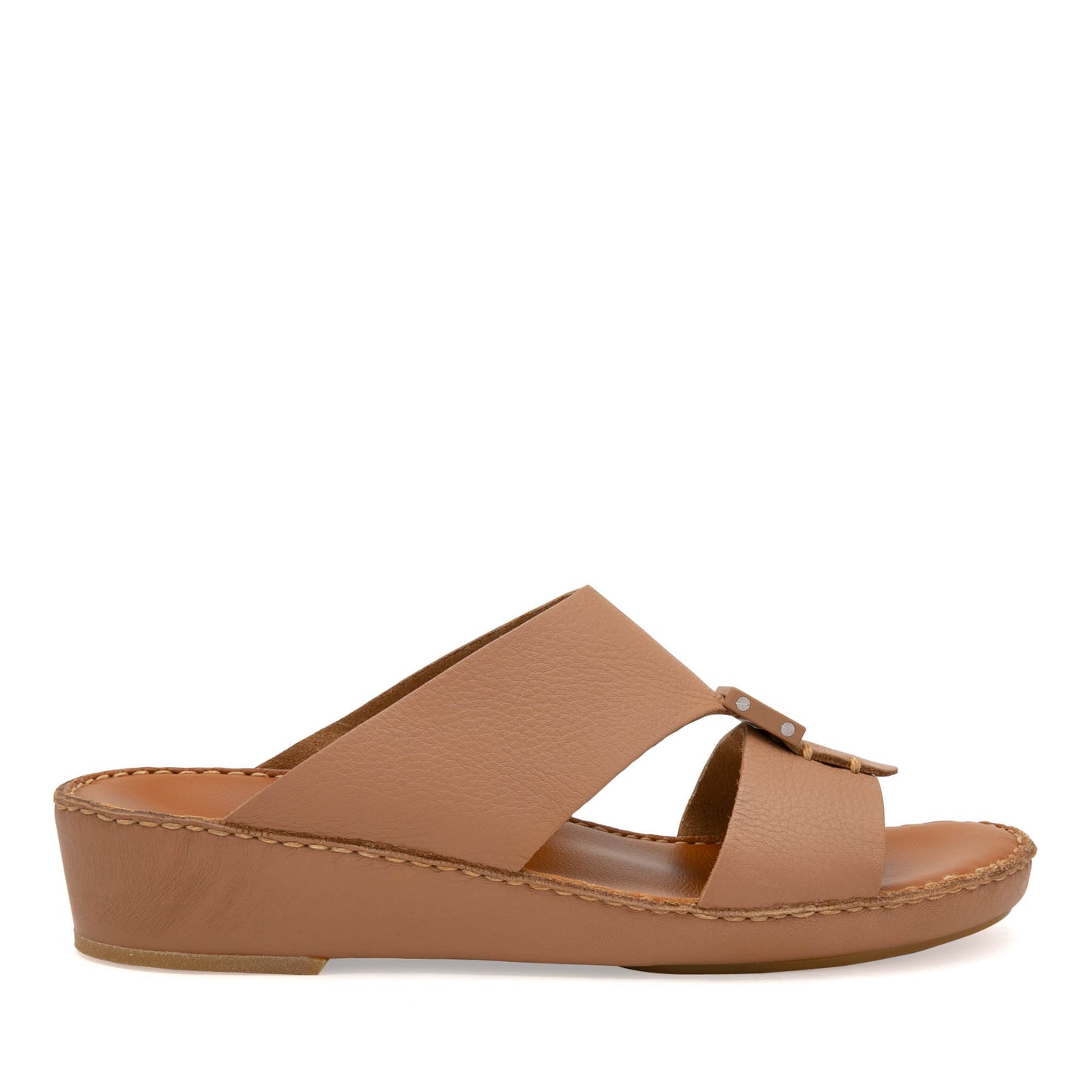 Private Collection classic leather sandals in tan with low wedge heel and open toe design