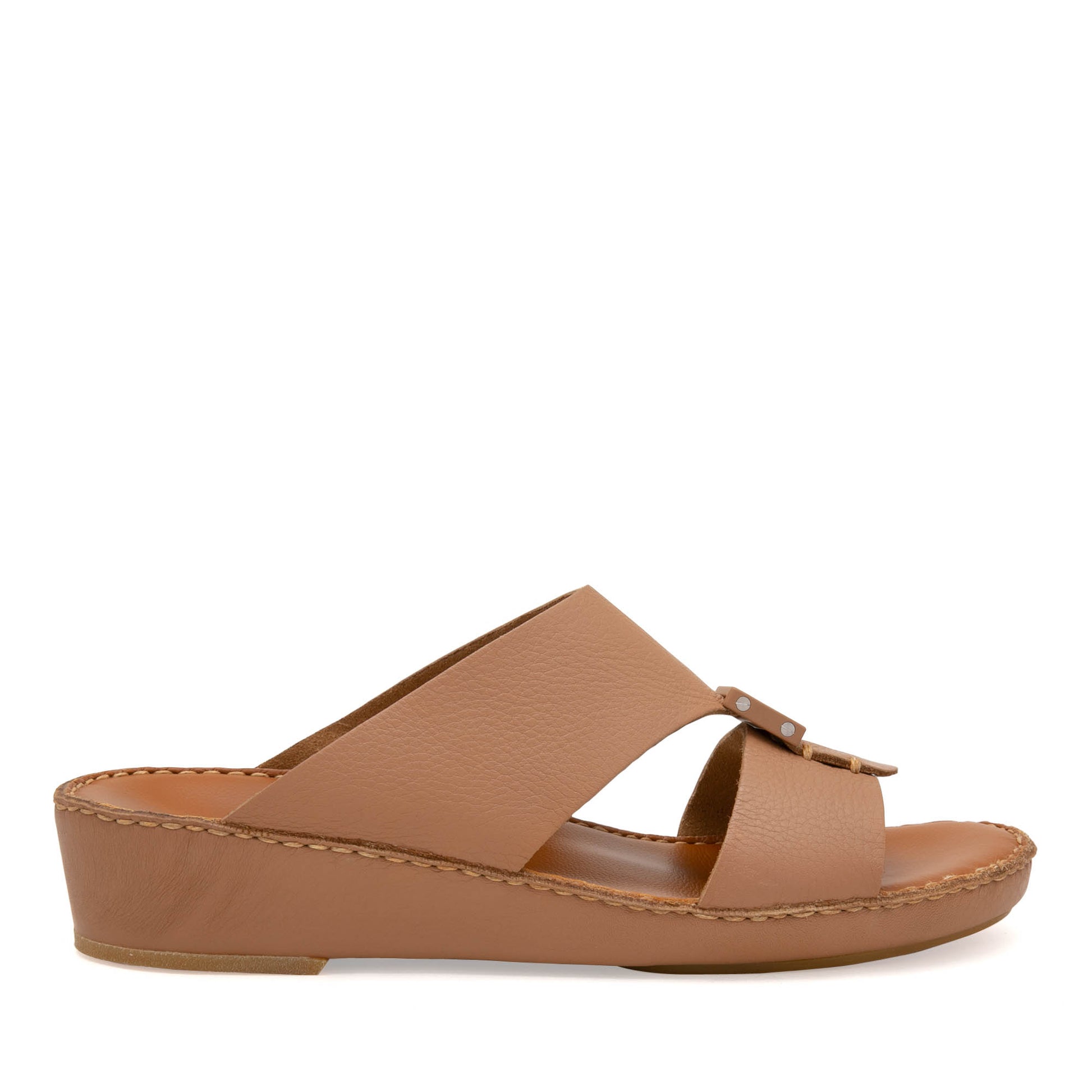 Private Collection classic leather sandals in tan with low wedge heel and open toe design