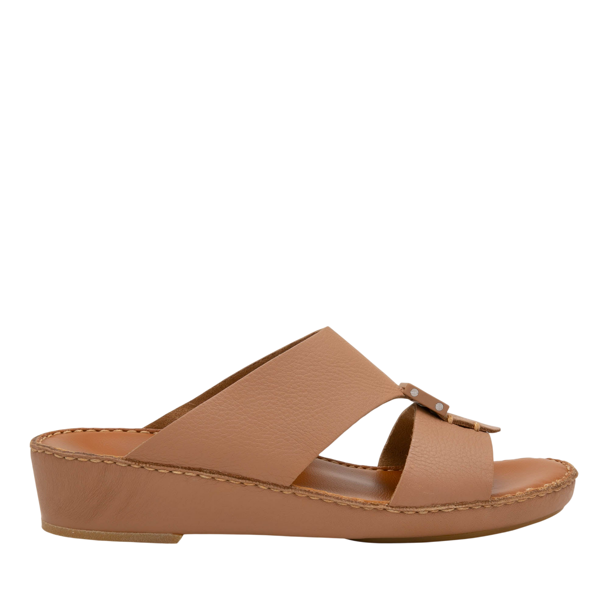 Private Collection classic leather sandals in tan with low wedge heel and open toe design