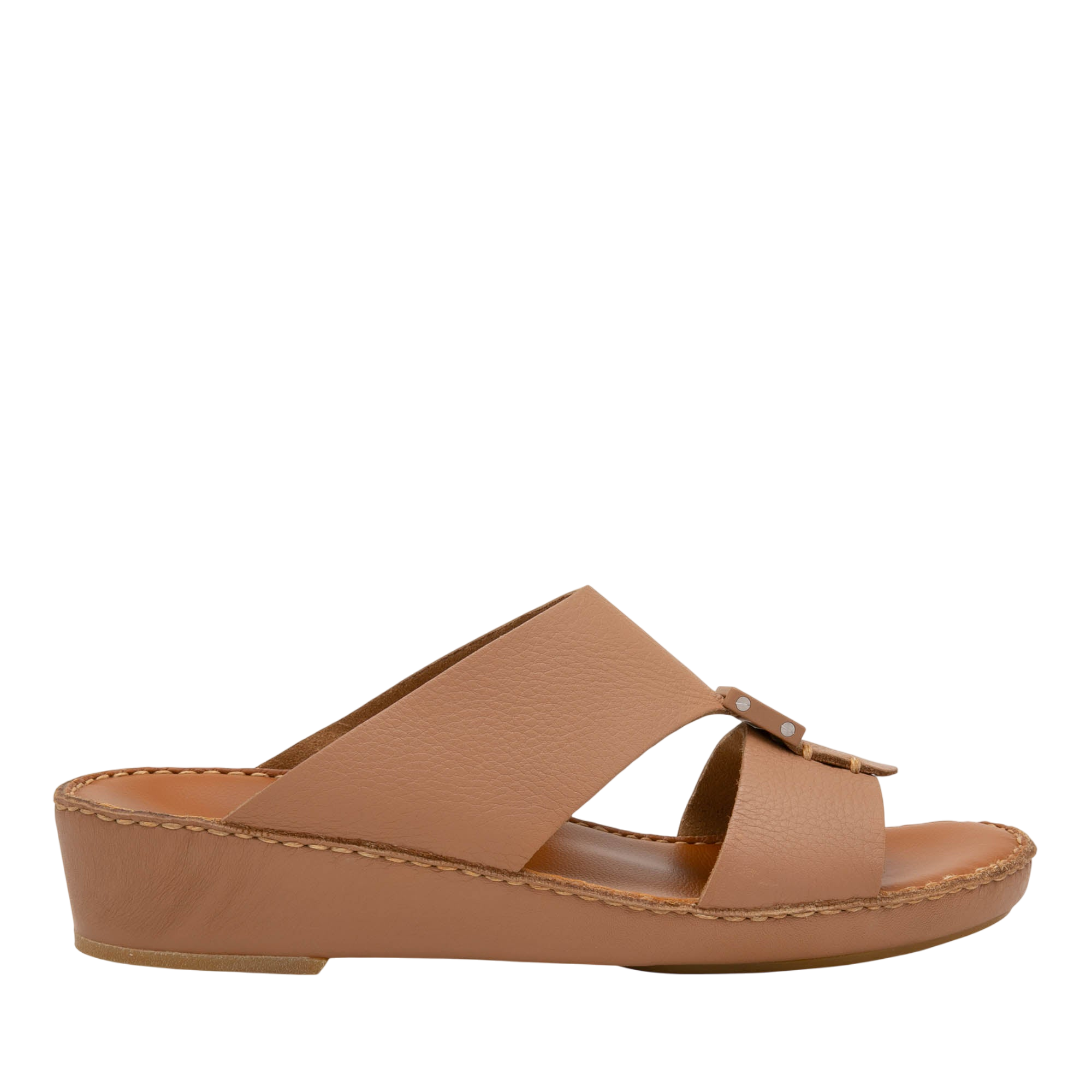 Private Collection classic leather sandals in tan with low wedge heel and open toe design