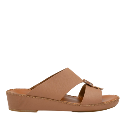 Private Collection classic leather sandals in tan with low wedge heel and open toe design