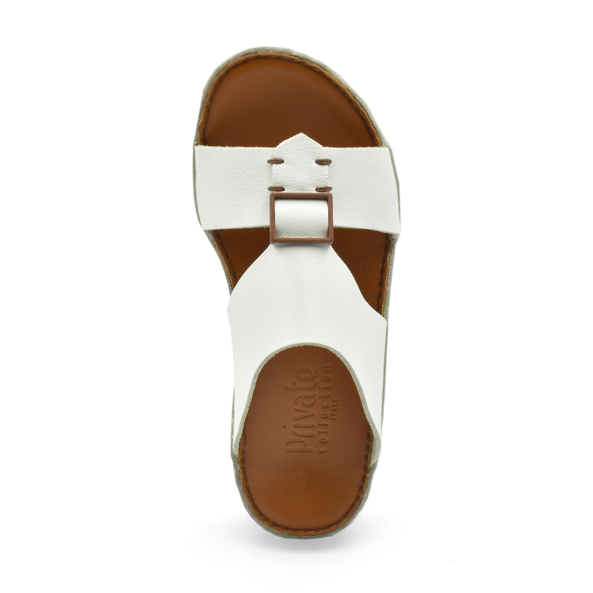White classic leather sandals with adjustable buckle and brown footbed from Private Collection