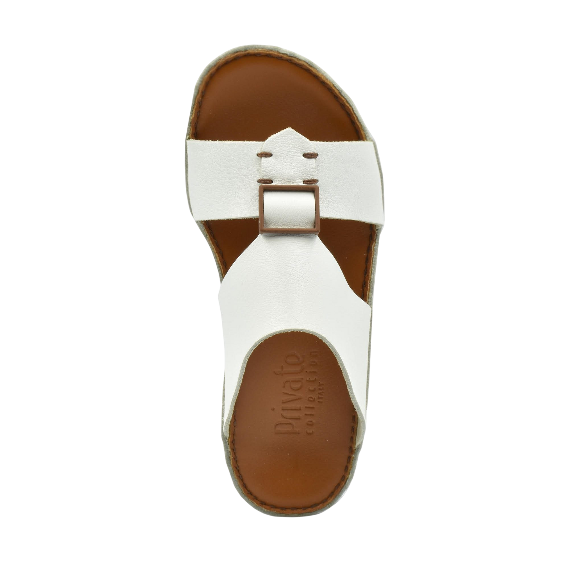 White classic leather sandals with adjustable buckle and brown footbed from Private Collection