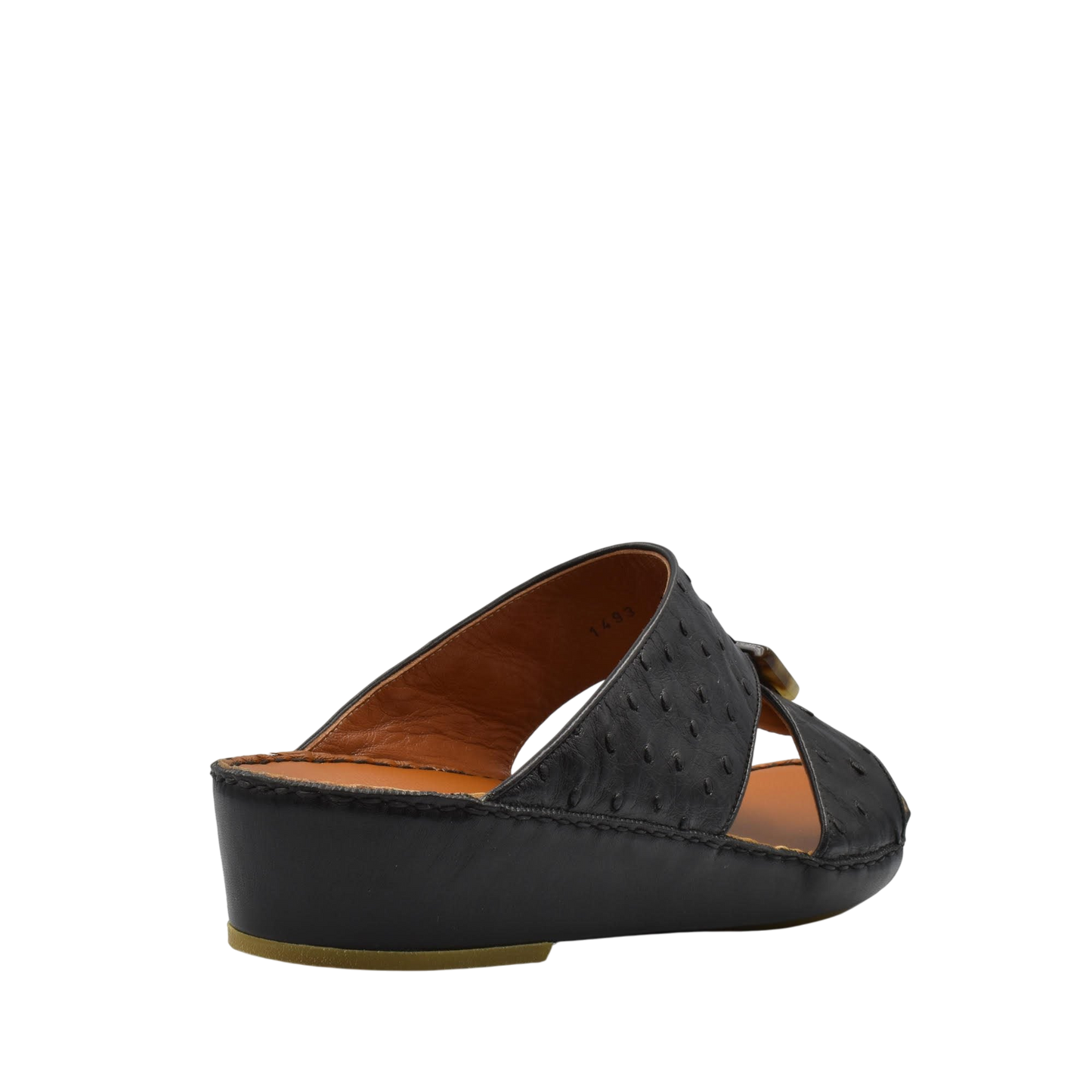 Black ostrich leather sandals with wedge heel and open toe design from private collection