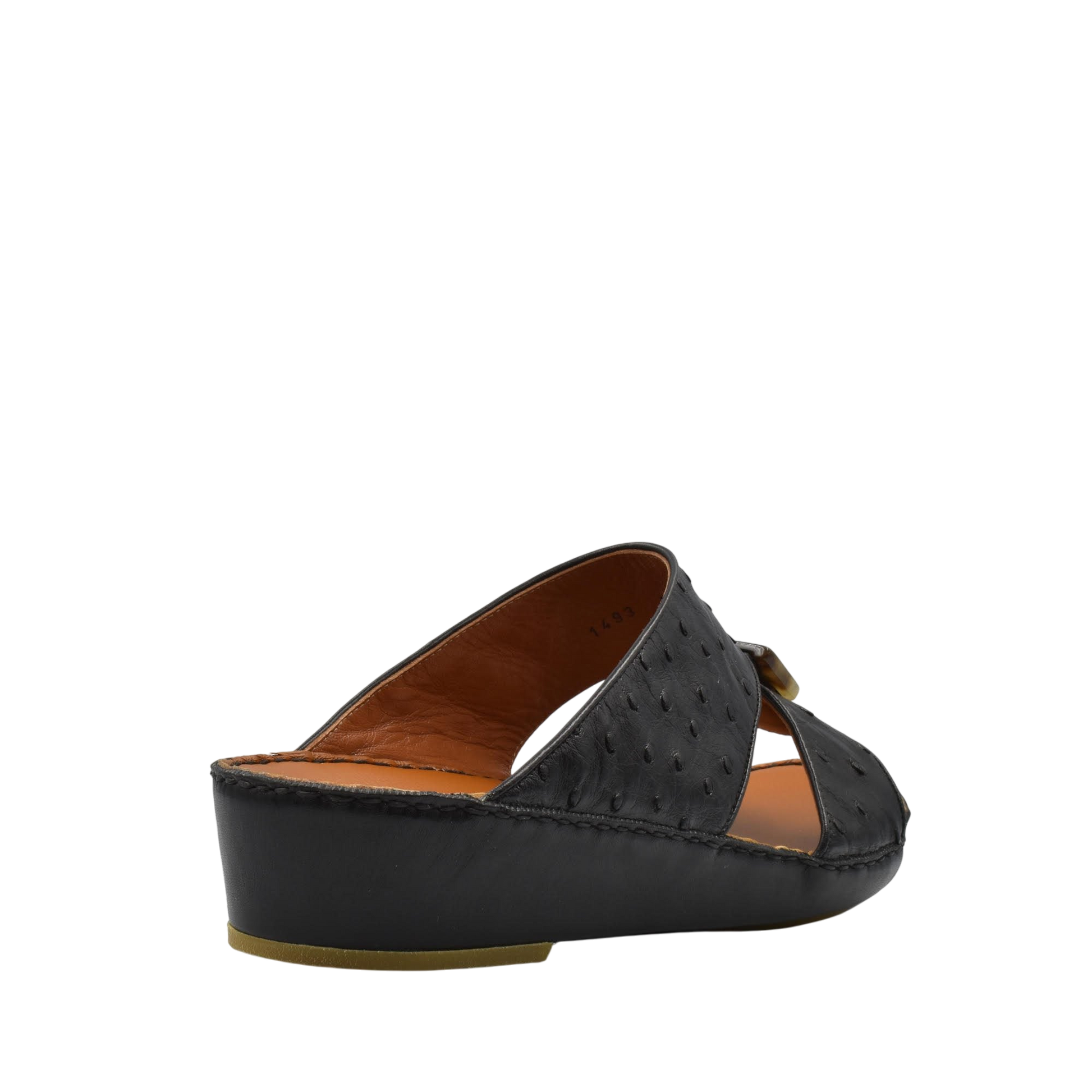Black ostrich leather sandals with wedge heel and open toe design from private collection