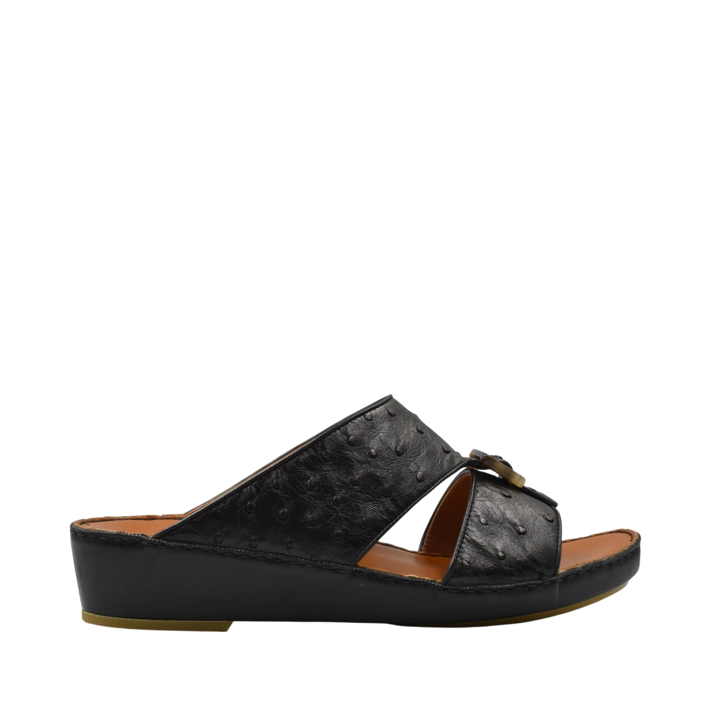 Black ostrich leather sandals with cushioned sole and open toe slide design