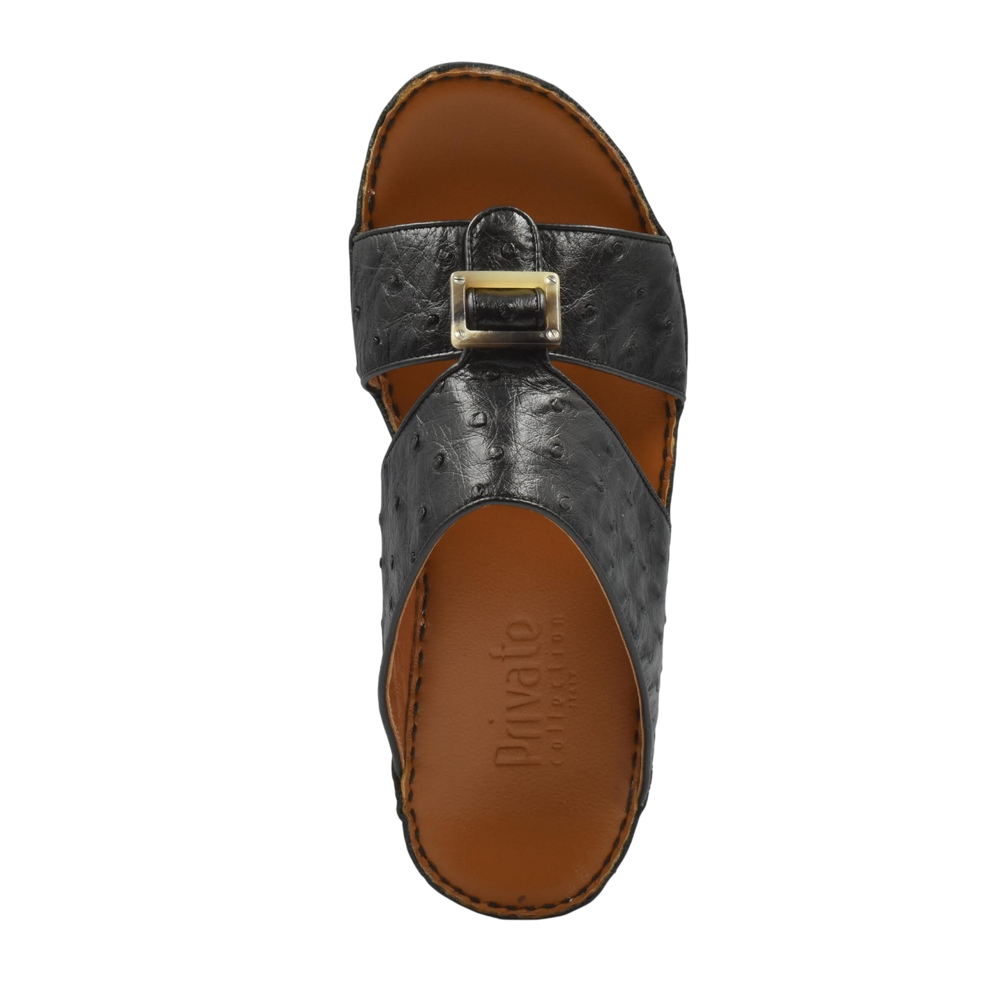 Black ostrich leather sandals with buckle detail and brown footbed from Private collection