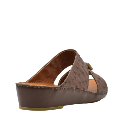 Brown ostrich leather sandals with wedge heel and open back from Private Collection