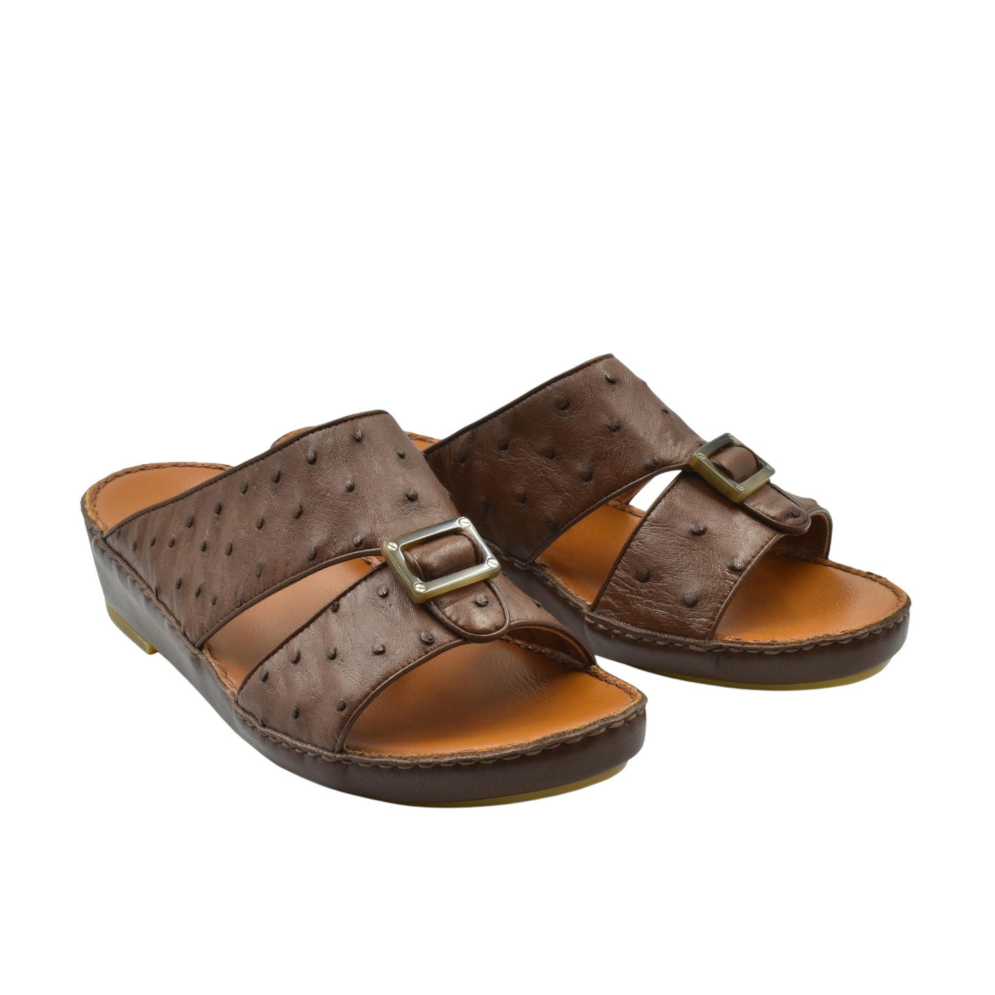 Brown ostrich leather sandals with buckle strap and cushioned sole for comfortable wear