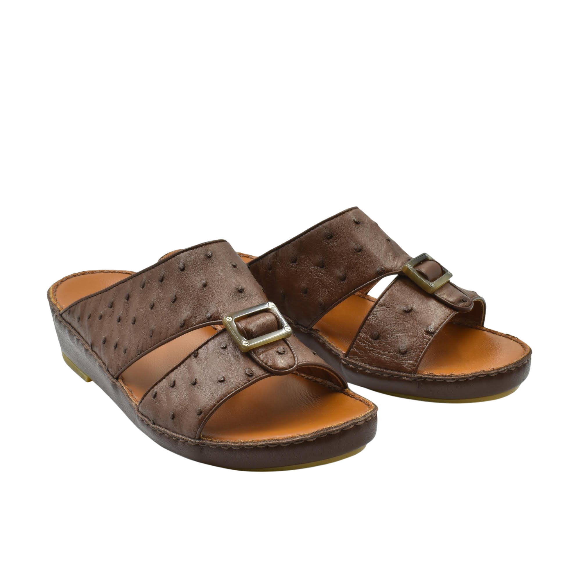 Brown ostrich leather sandals with buckle strap and cushioned sole for comfortable wear