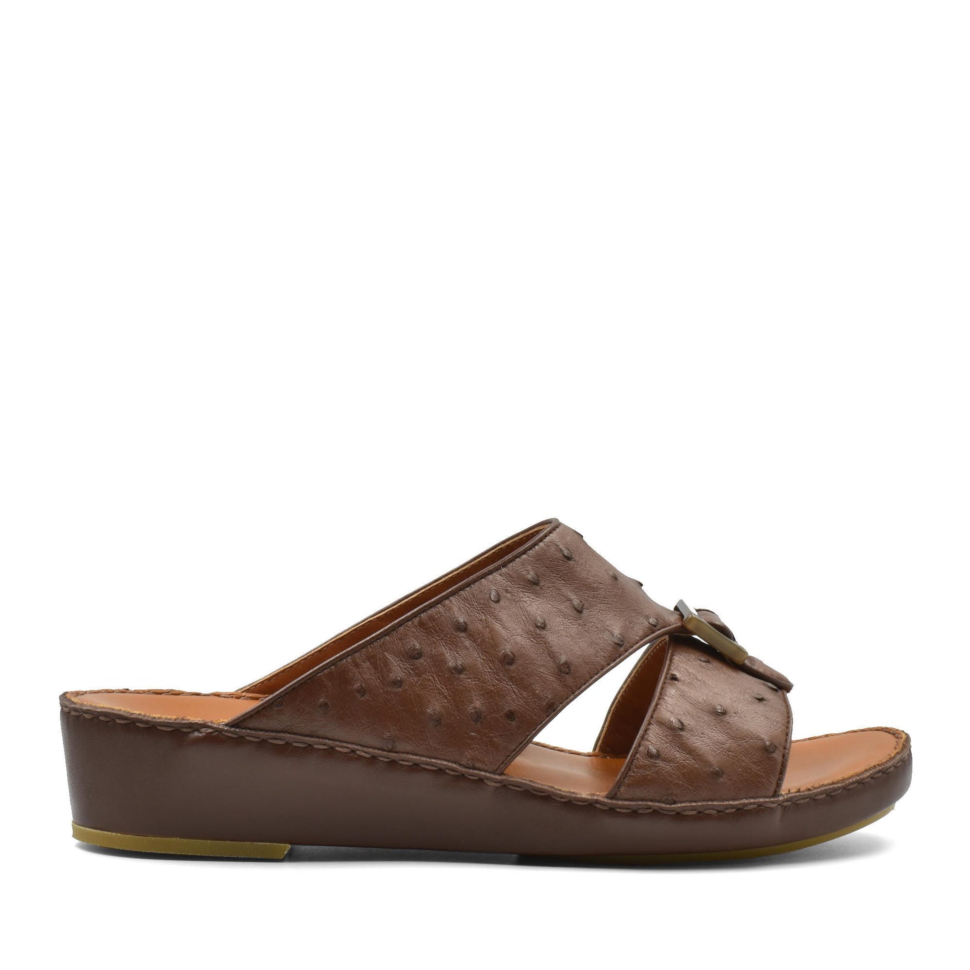 Brown ostrich leather sandals with cushioned footbed and low wedge heel from private collection