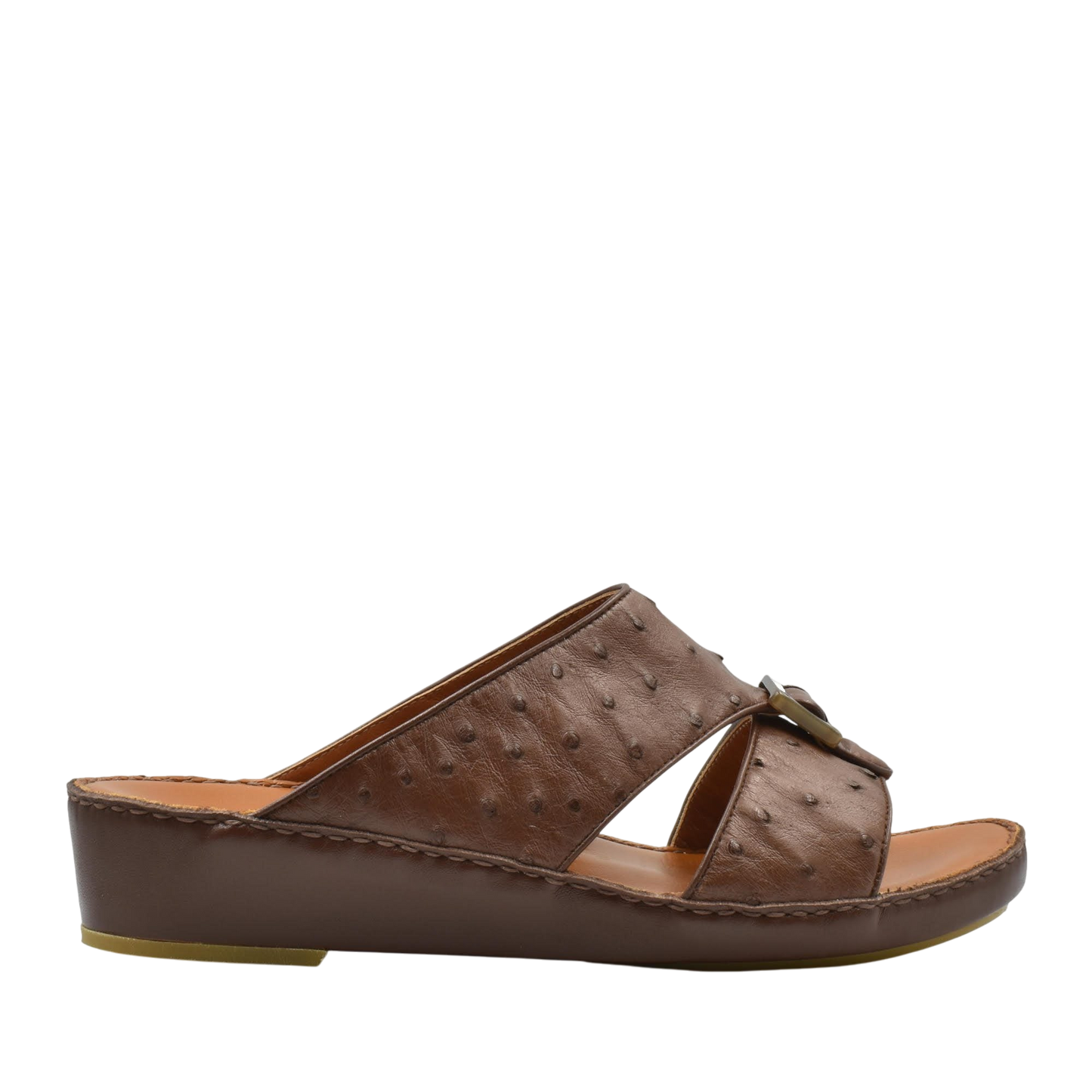 Brown ostrich leather sandals with cushioned footbed and low wedge heel from private collection