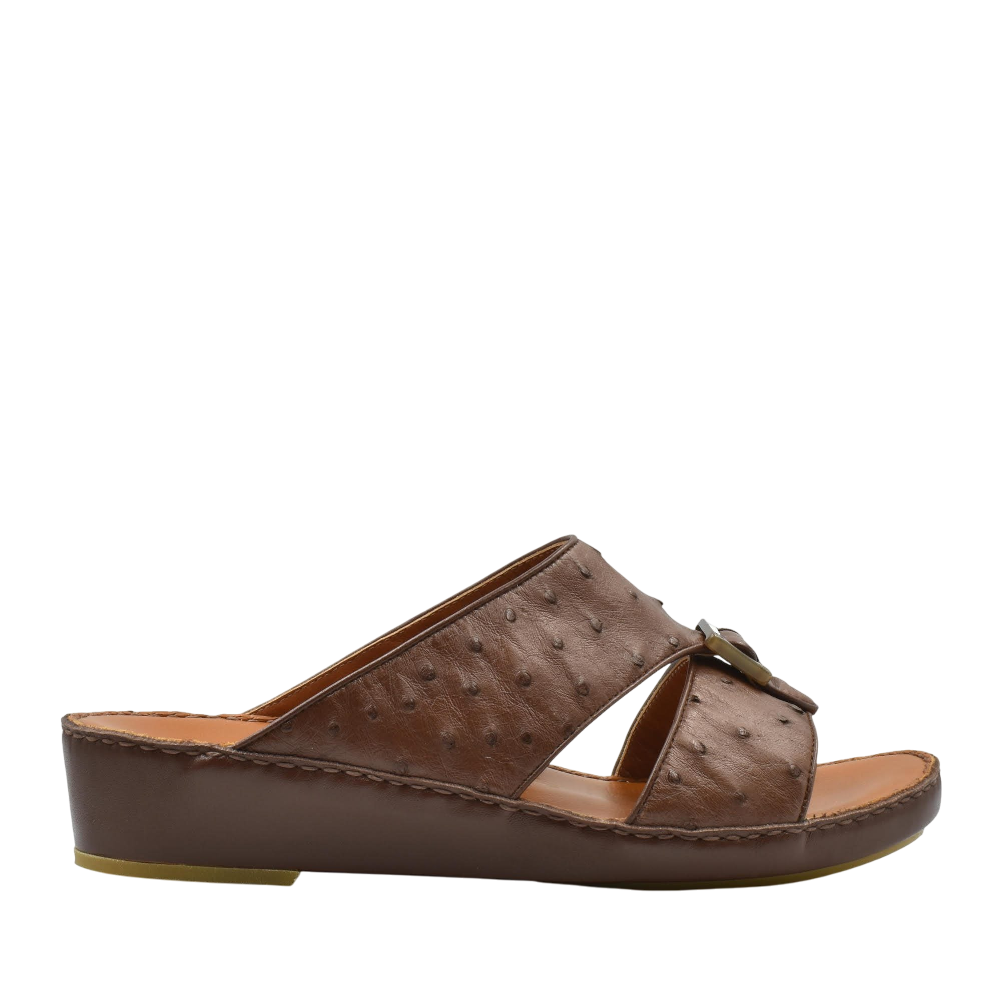 Brown ostrich leather sandals with cushioned footbed and low wedge heel from private collection