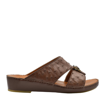 Brown ostrich leather sandals with cushioned footbed and low wedge heel from private collection