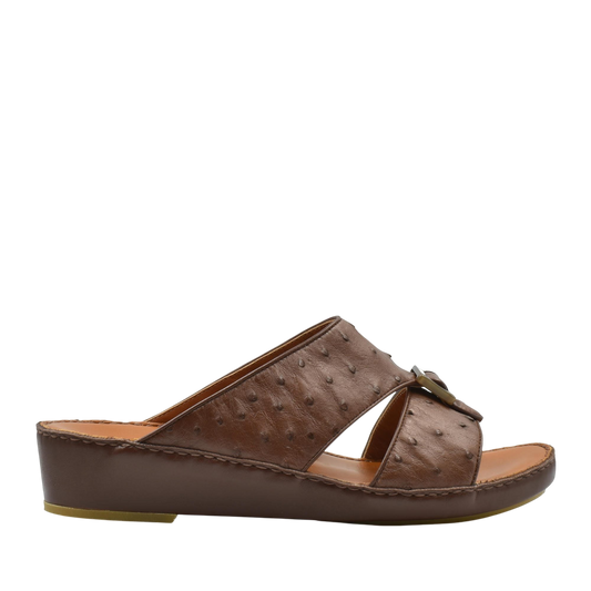 Brown ostrich leather sandals with cushioned footbed and low wedge heel from private collection