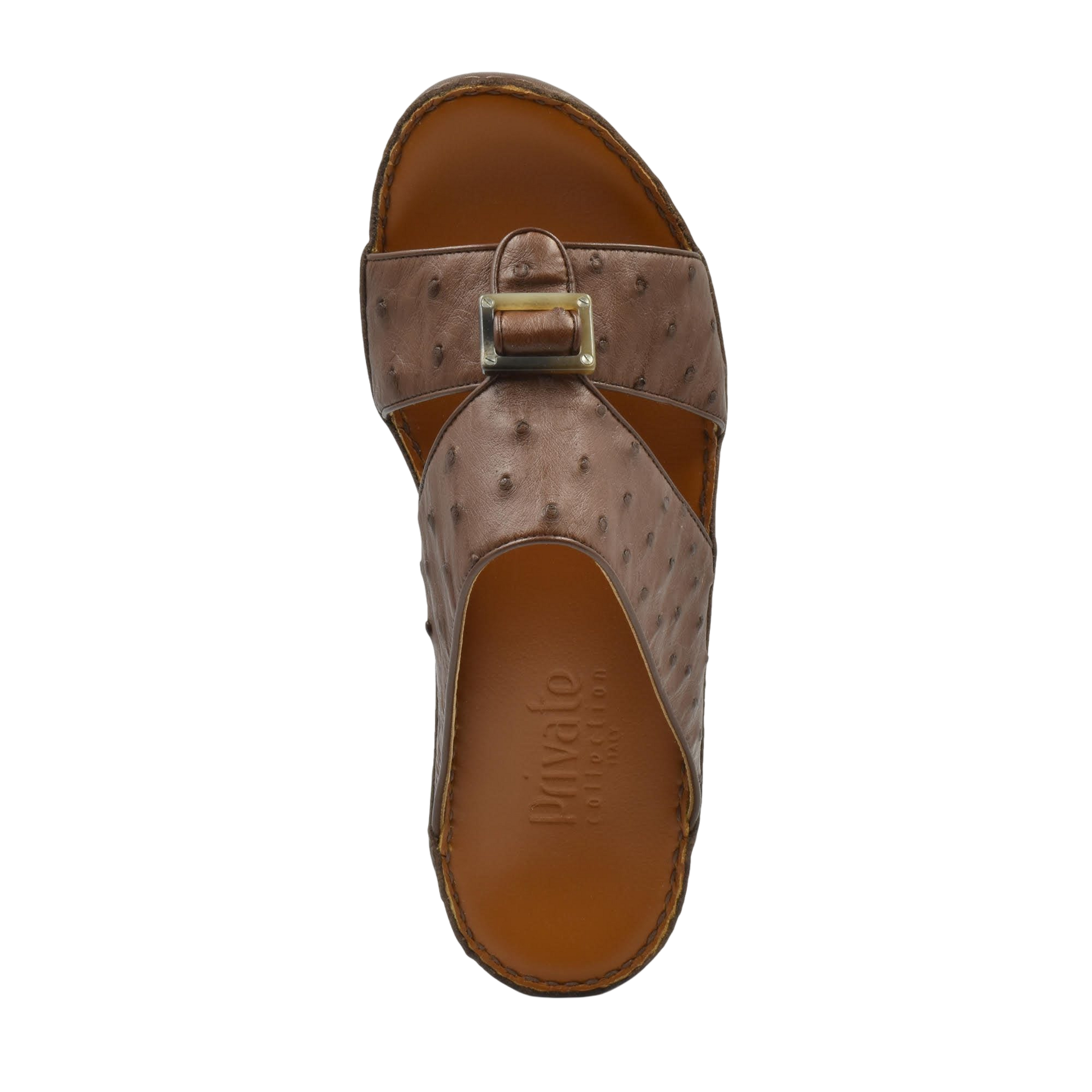 Brown ostrich leather sandals with a buckle design from Private Collection shown from a top view