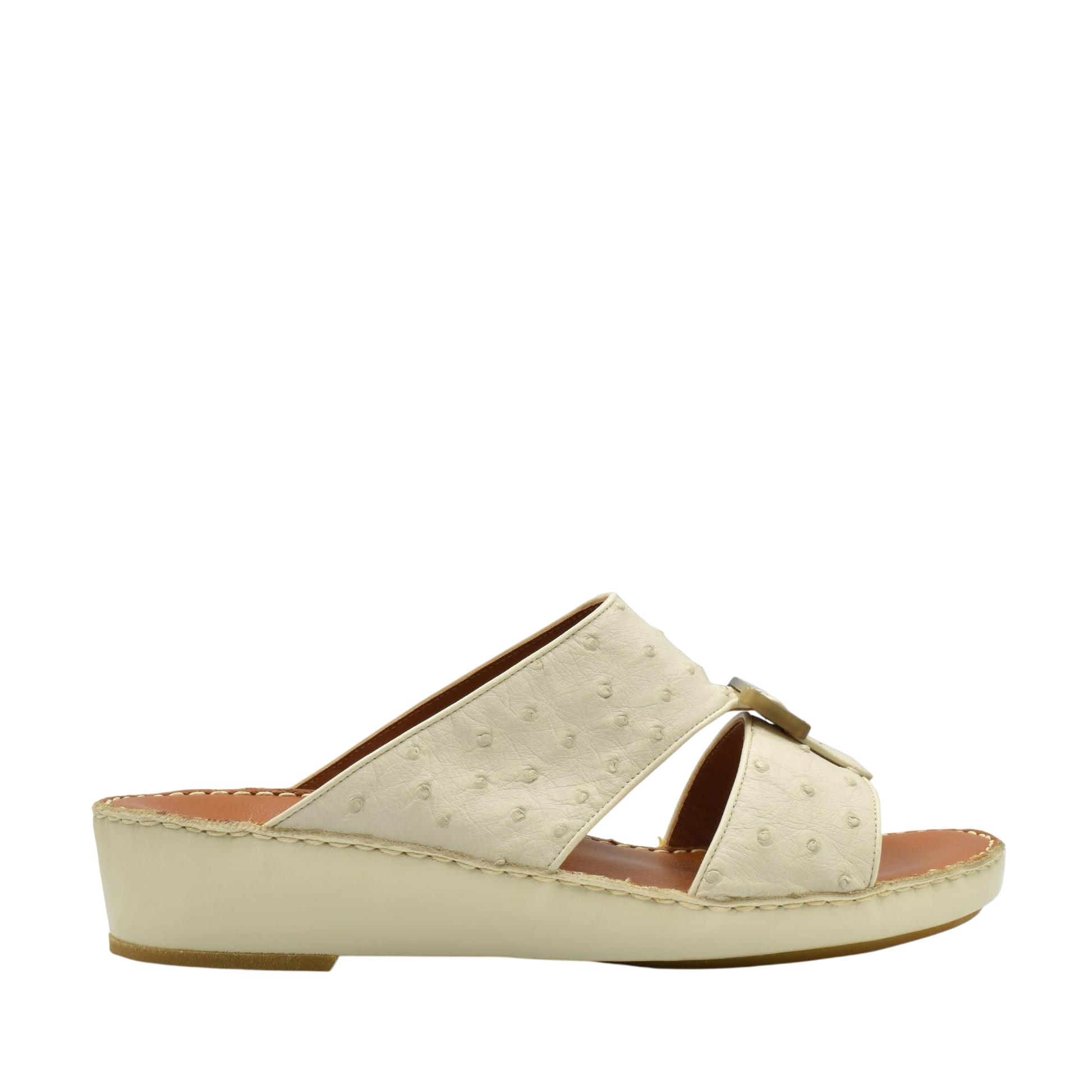Cream-colored ostrich leather sandals with wedge heel and open toe design