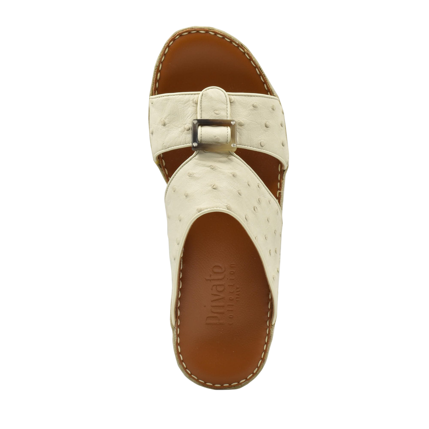Cream ostrich leather sandals with buckle strap and brown leather footbed from Private collection