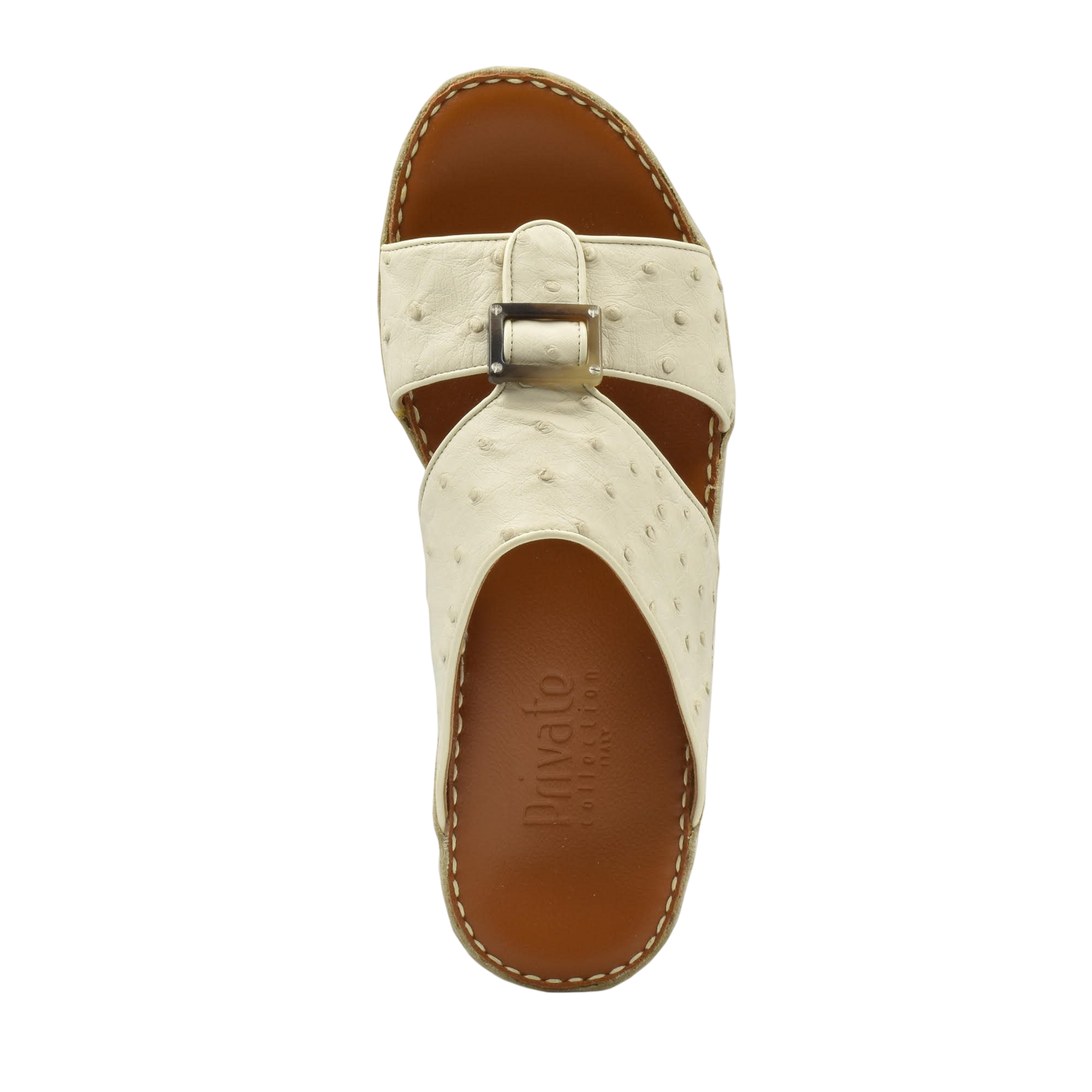 Cream ostrich leather sandals with buckle strap and brown leather footbed from Private collection
