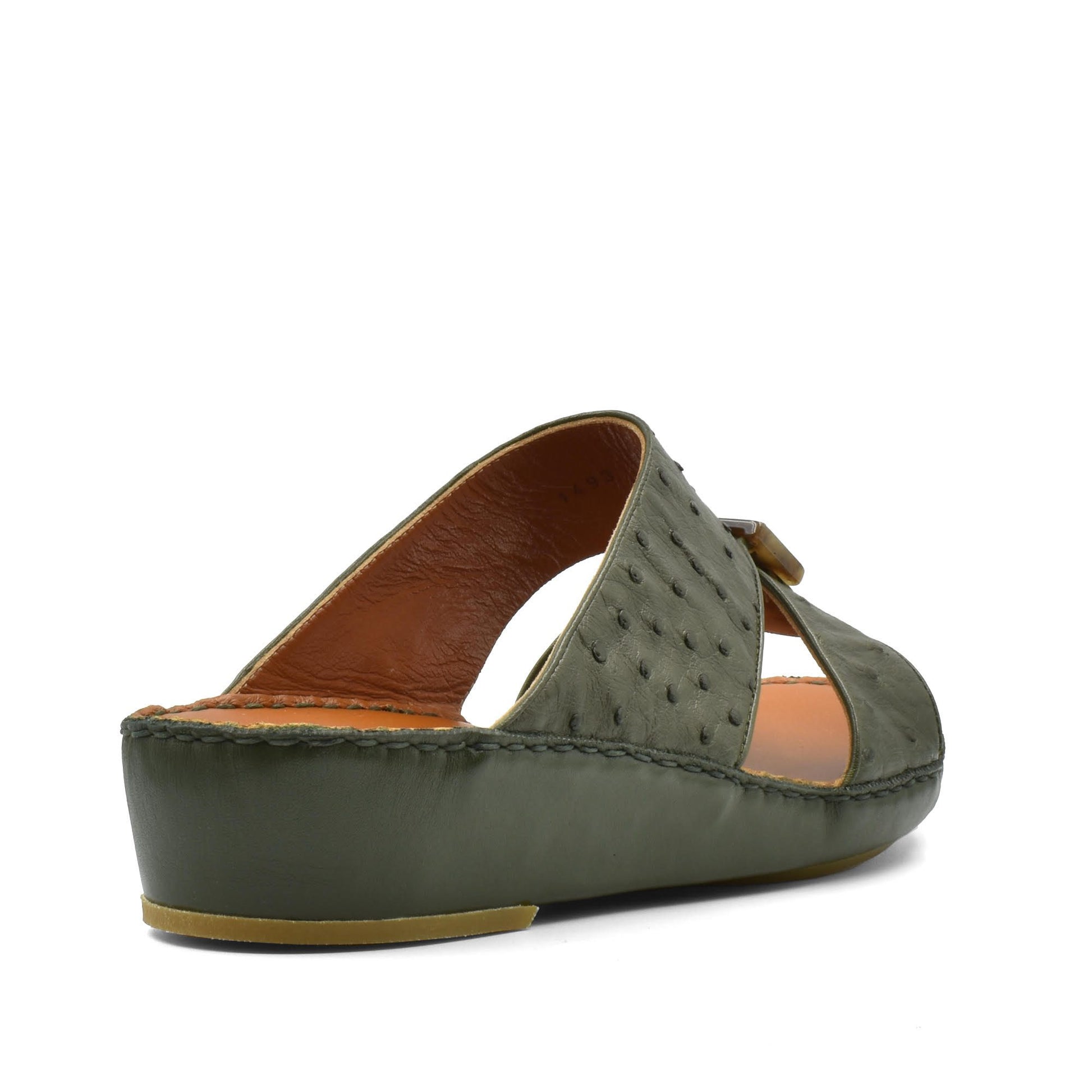 Green ostrich leather sandals with open toe and cushioned sole from Private collection