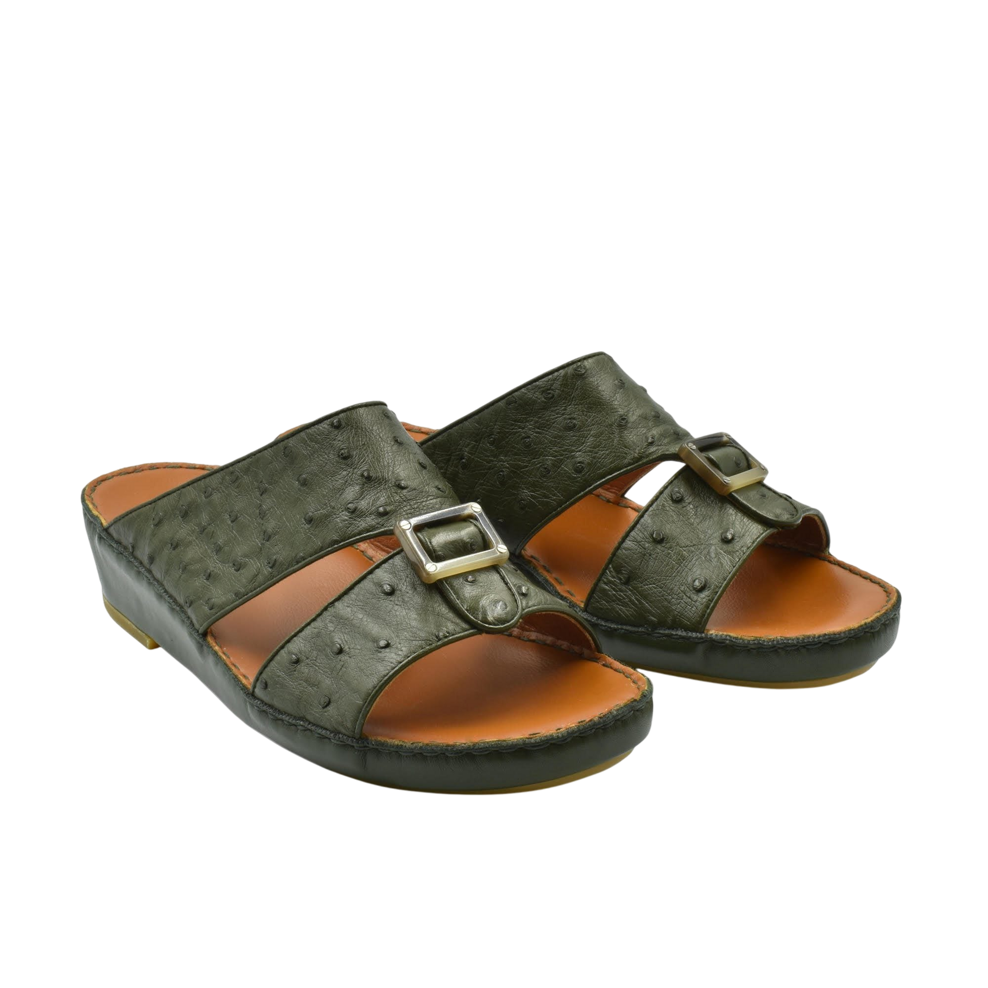 Green ostrich leather sandals with buckle straps and cushioned brown footbed for comfortable wear