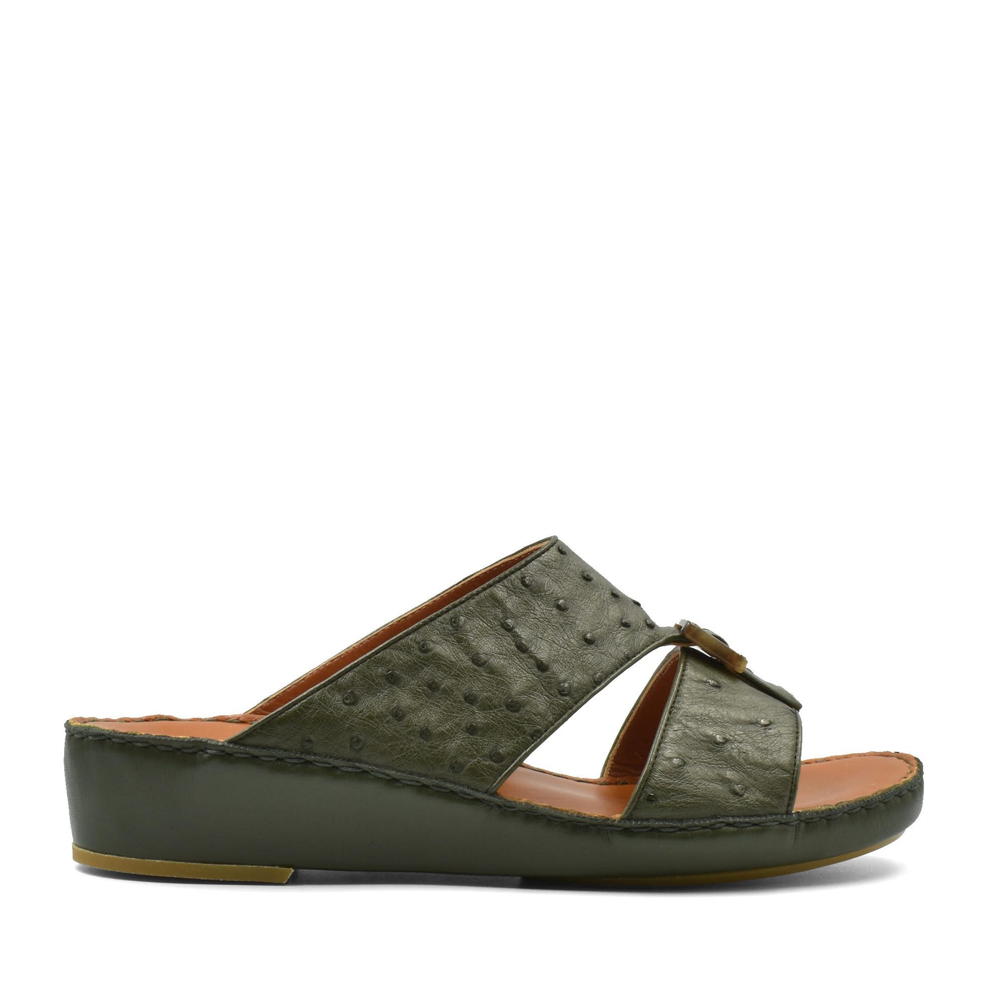 Green ostrich leather sandals with open toe and low wedge heel from Private Collection