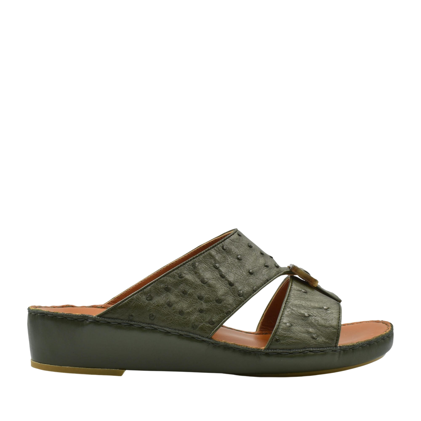 Green ostrich leather sandals with open toe and low wedge heel from Private Collection