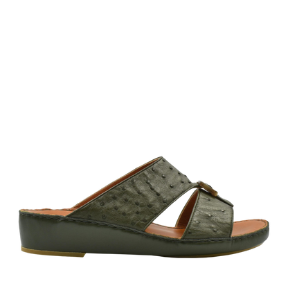 Green ostrich leather sandals with open toe and low wedge heel from Private Collection
