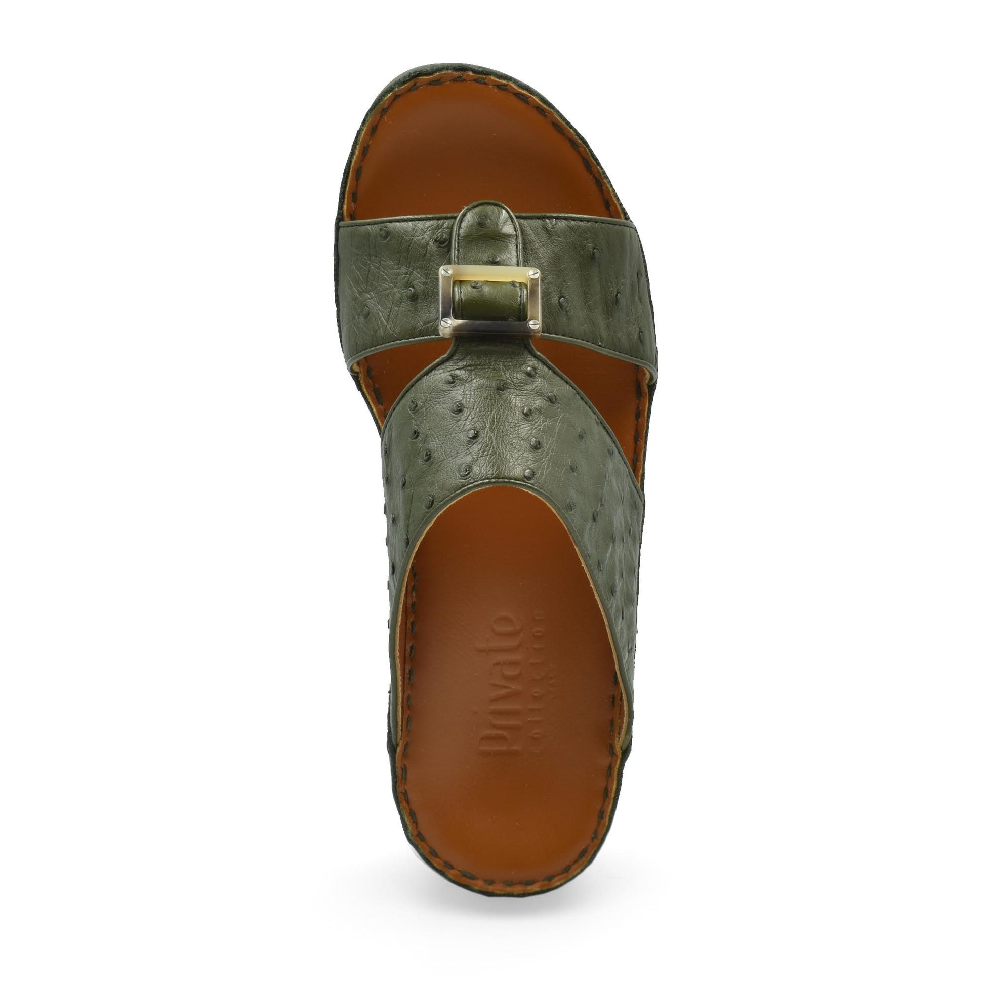 Top view of green ostrich leather sandals with brown insole and decorative buckle from Private Collection