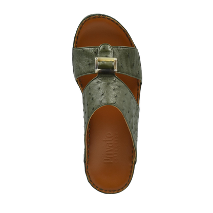 Top view of green ostrich leather sandals with brown insole and decorative buckle from Private Collection