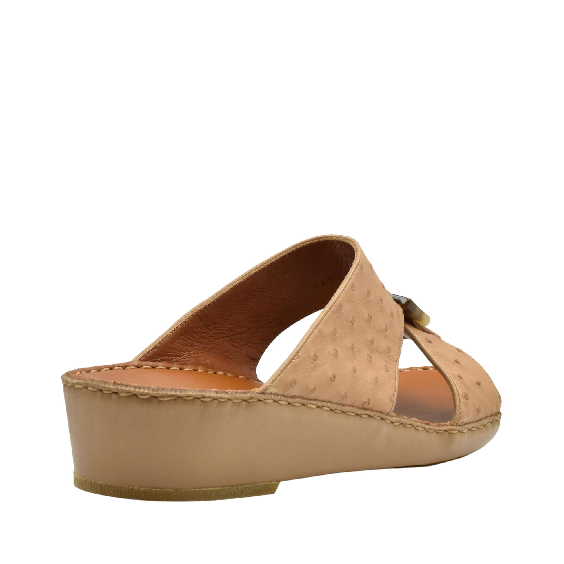 Tan ostrich leather sandals with wedge heel and open toe design from Private collection