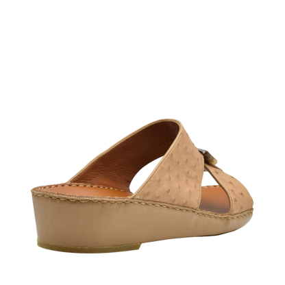 Tan ostrich leather sandals with wedge heel and open toe design from Private collection