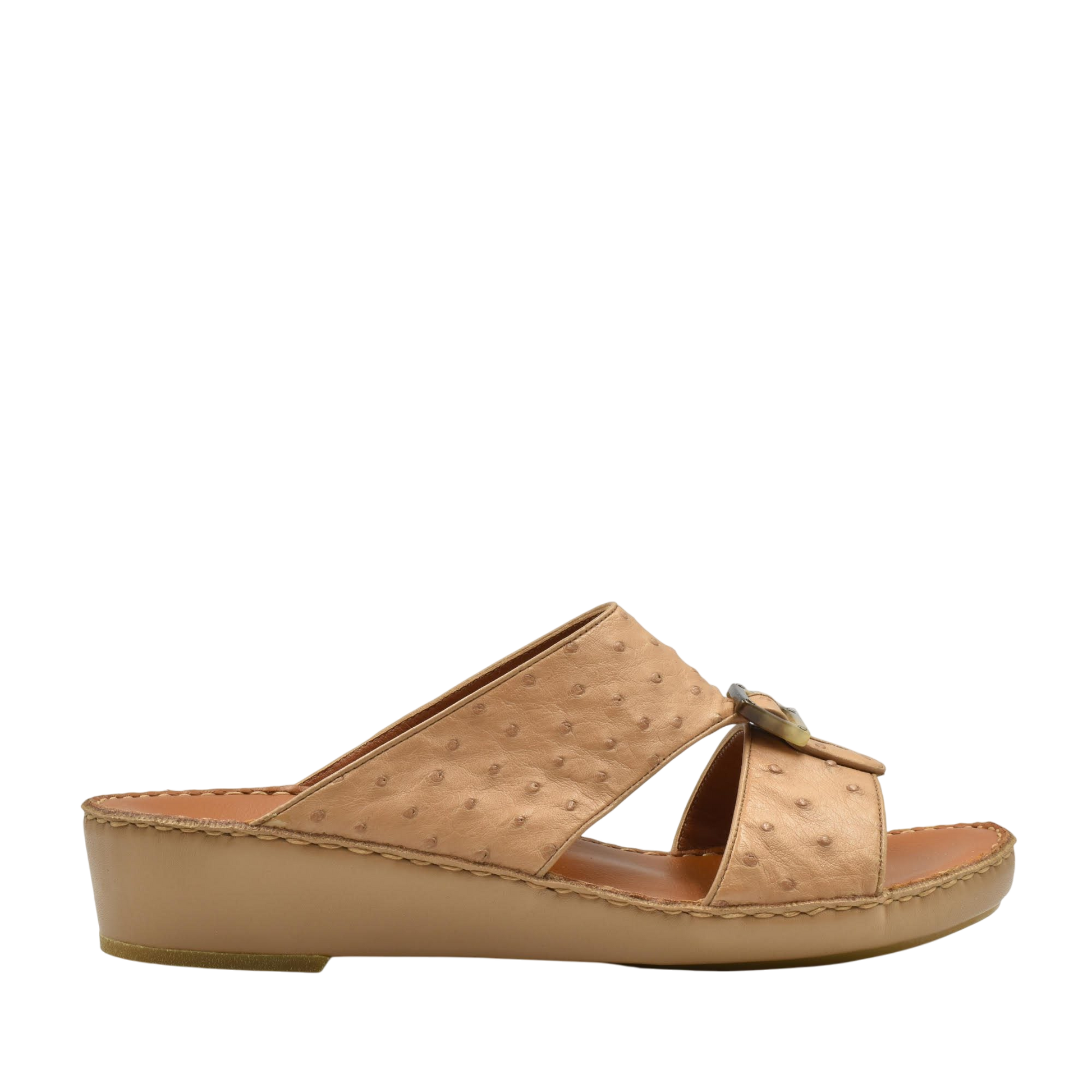 Beige ostrich leather sandals with a low wedge heel and open toe design