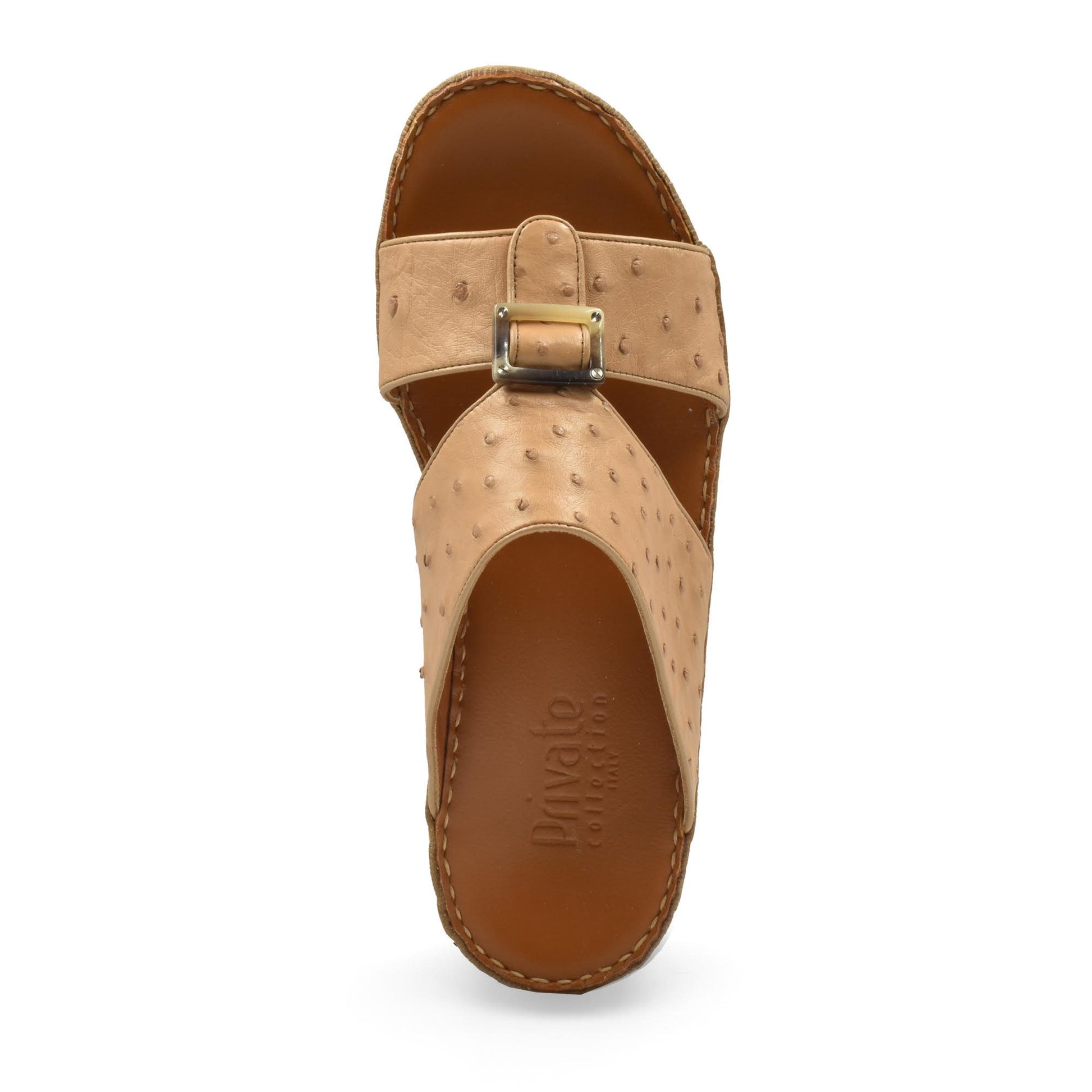 Top view of beige ostrich leather sandals with buckle detail from Private collection