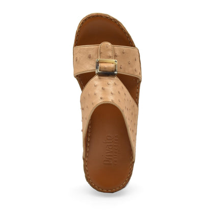 Top view of beige ostrich leather sandals with buckle detail from Private collection