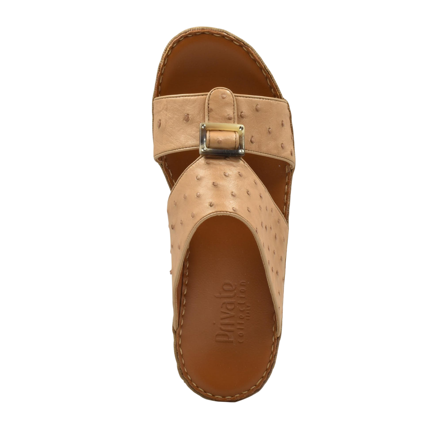Top view of beige ostrich leather sandals with buckle detail from Private collection
