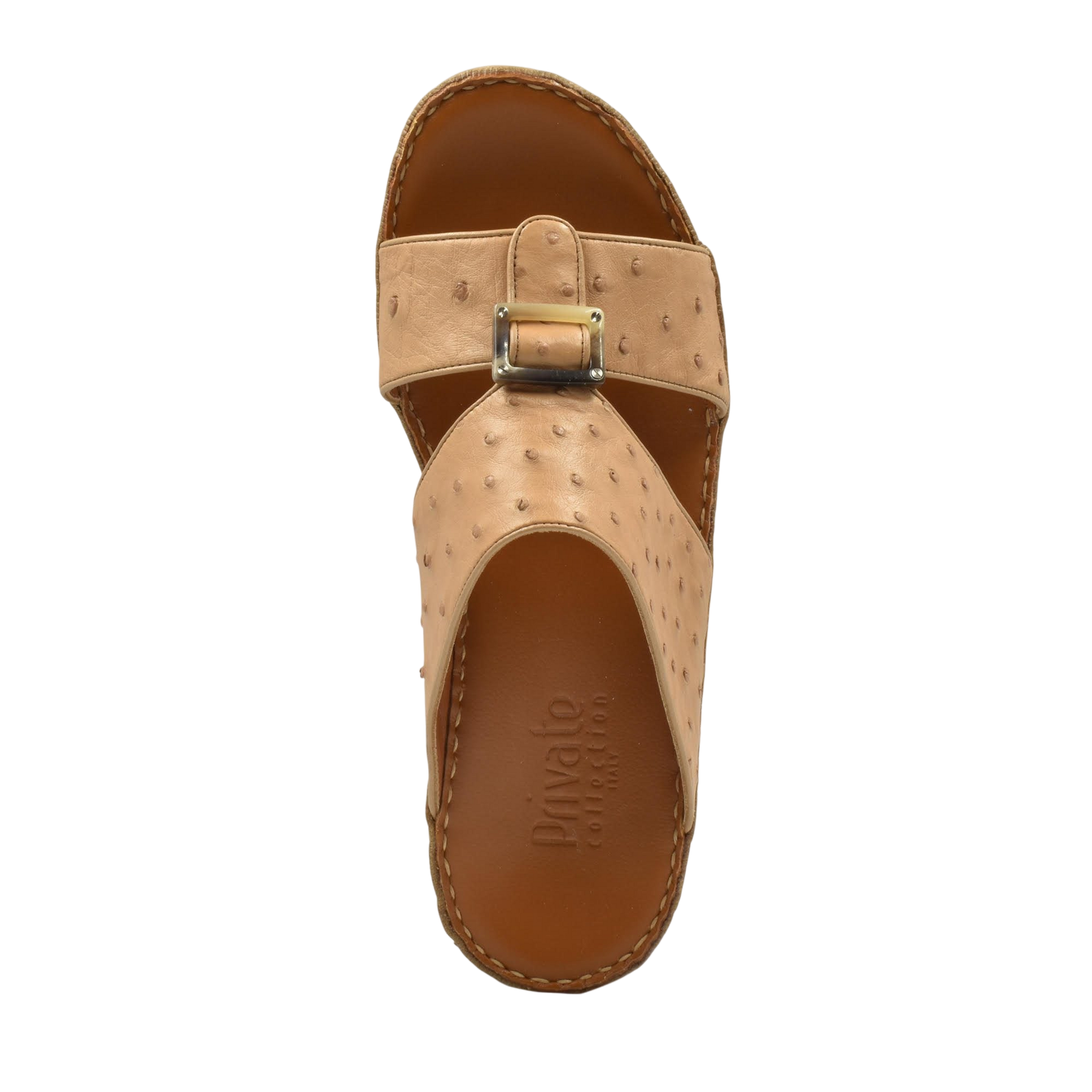 Top view of beige ostrich leather sandals with buckle detail from Private collection