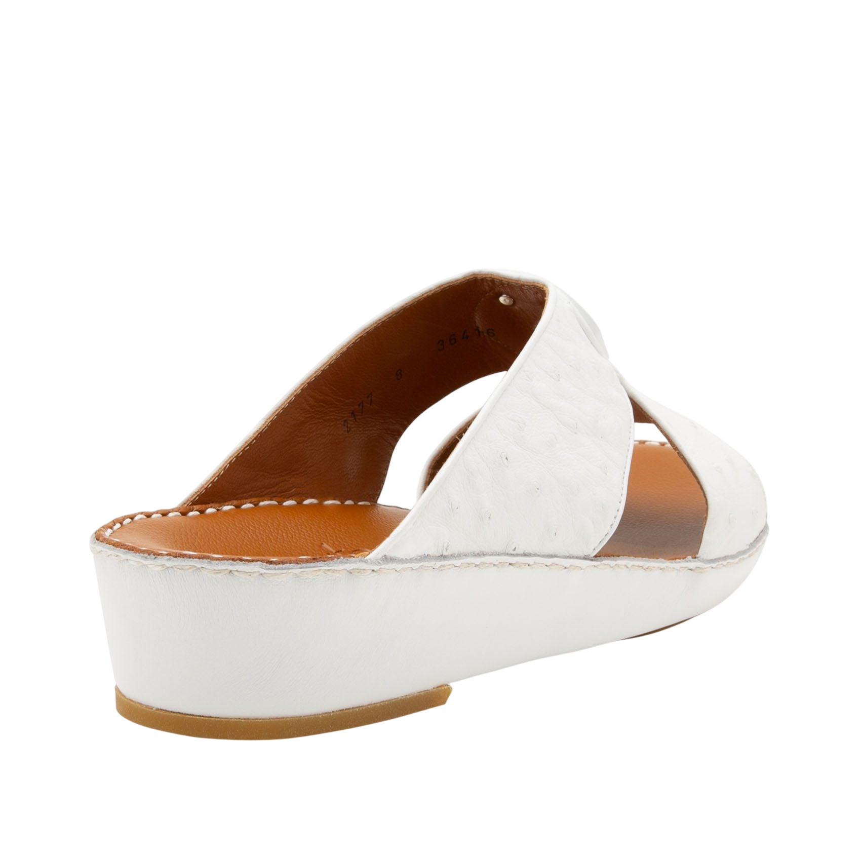White ostrich leather sandals with tan insole and low wedge heel from Private Collection