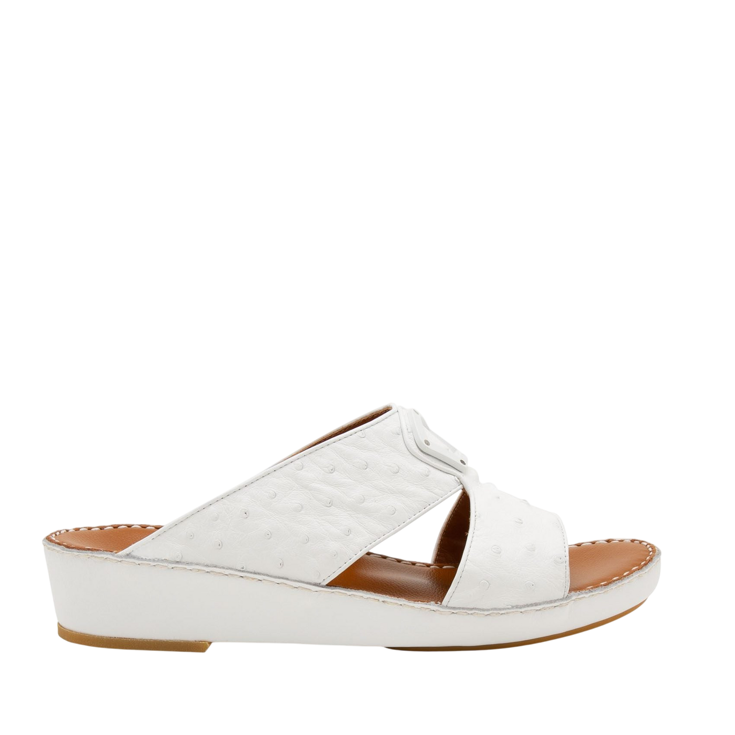 White ostrich leather sandals with wedge heel and open toe design from private collection
