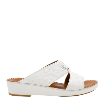 White ostrich leather sandals with wedge heel and open toe design from private collection