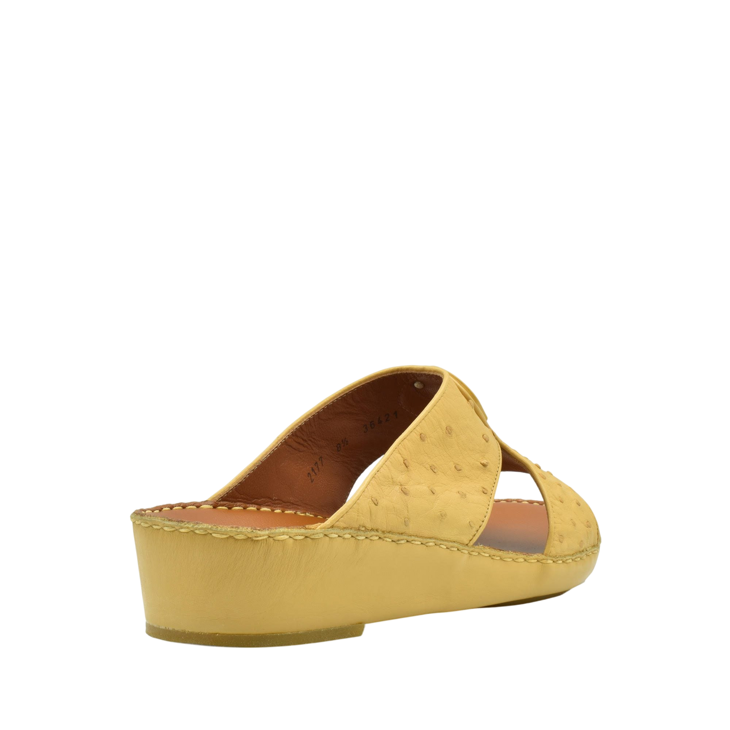 Yellow ostrich leather sandals with wedge heel and open toe design from Private collection