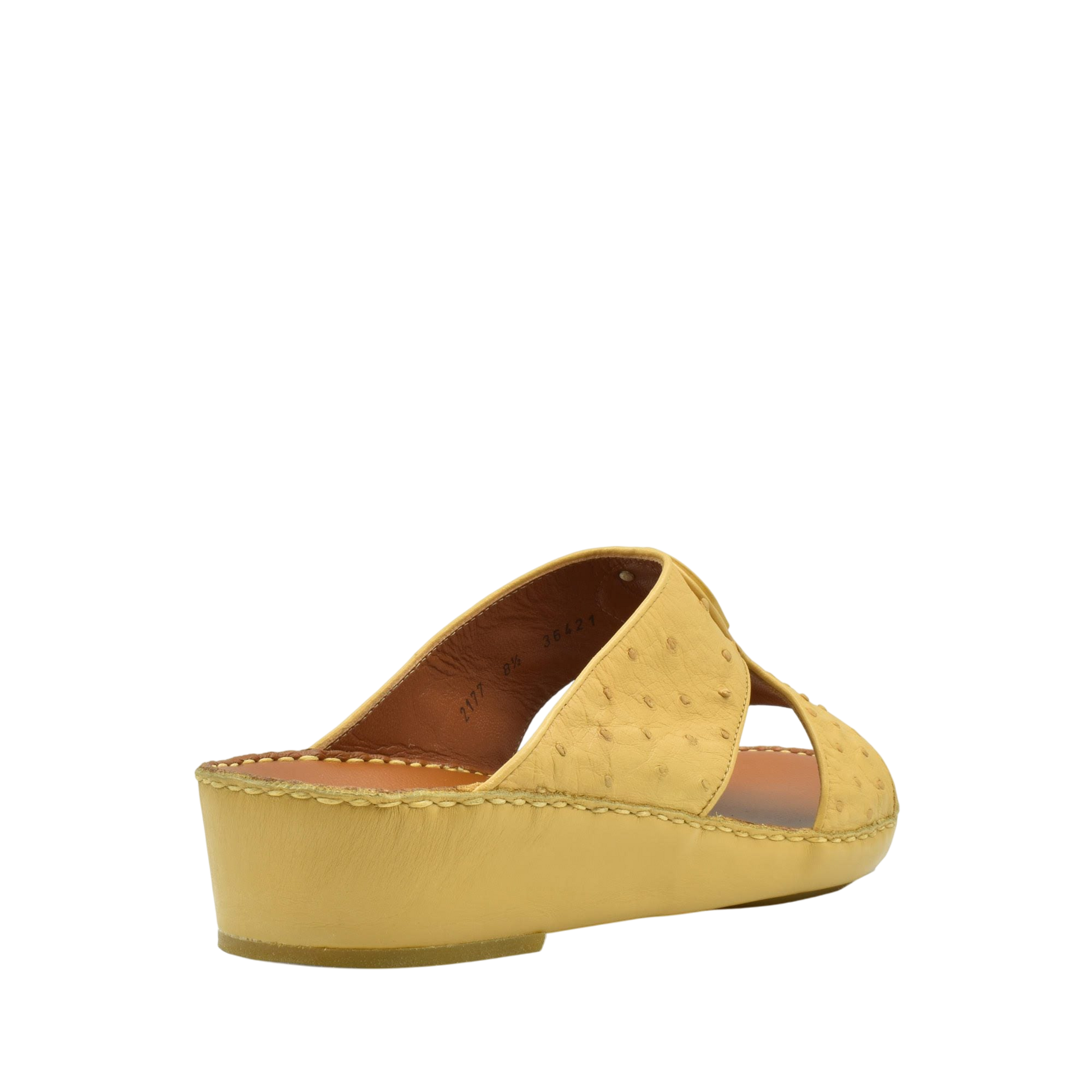 Yellow ostrich leather sandals with wedge heel and open toe design from Private collection