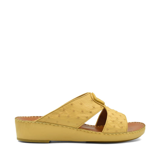 Yellow ostrich leather sandals with open toe and low wedge heel for comfortable wear