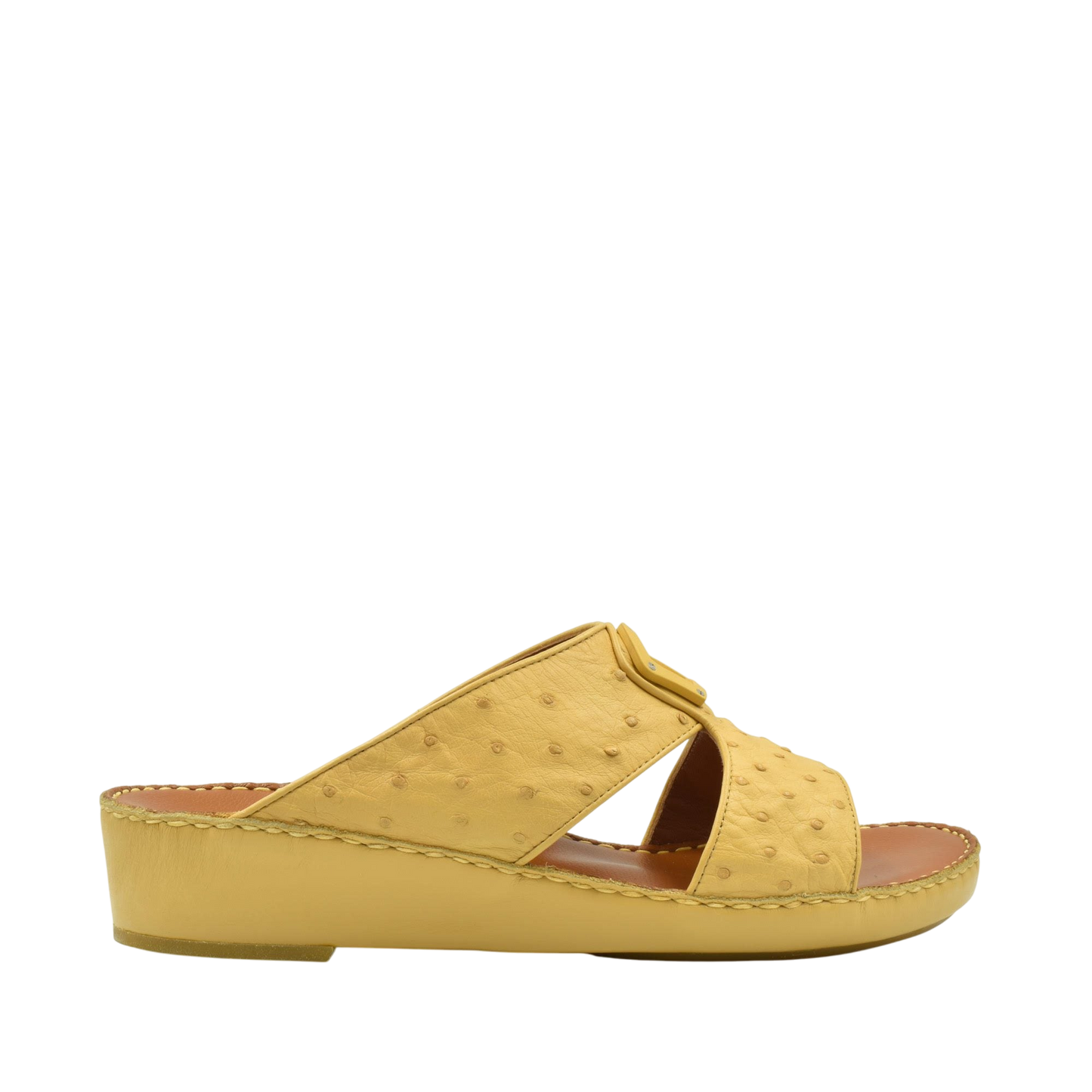 Yellow ostrich leather sandals with open toe and low wedge heel for comfortable wear