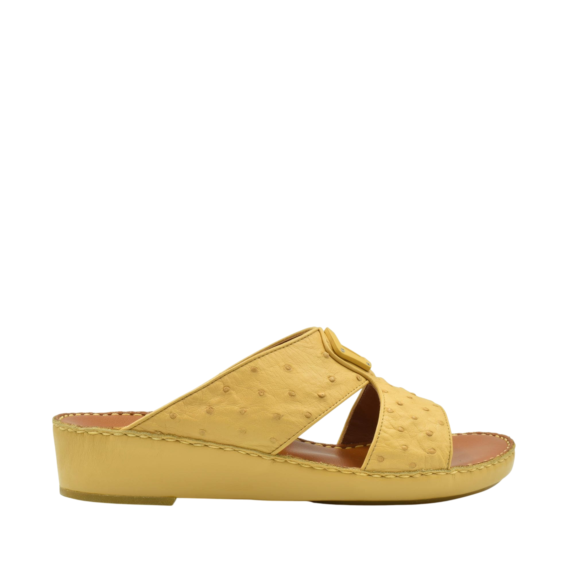 Yellow ostrich leather sandals with open toe and low wedge heel for comfortable wear