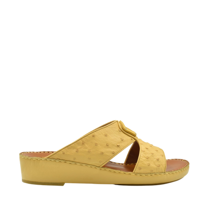 Yellow ostrich leather sandals with open toe and low wedge heel for comfortable wear