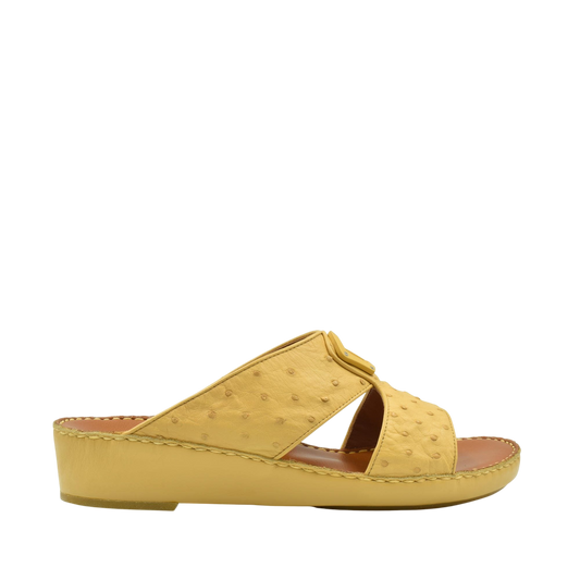 Yellow ostrich leather sandals with open toe and low wedge heel for comfortable wear