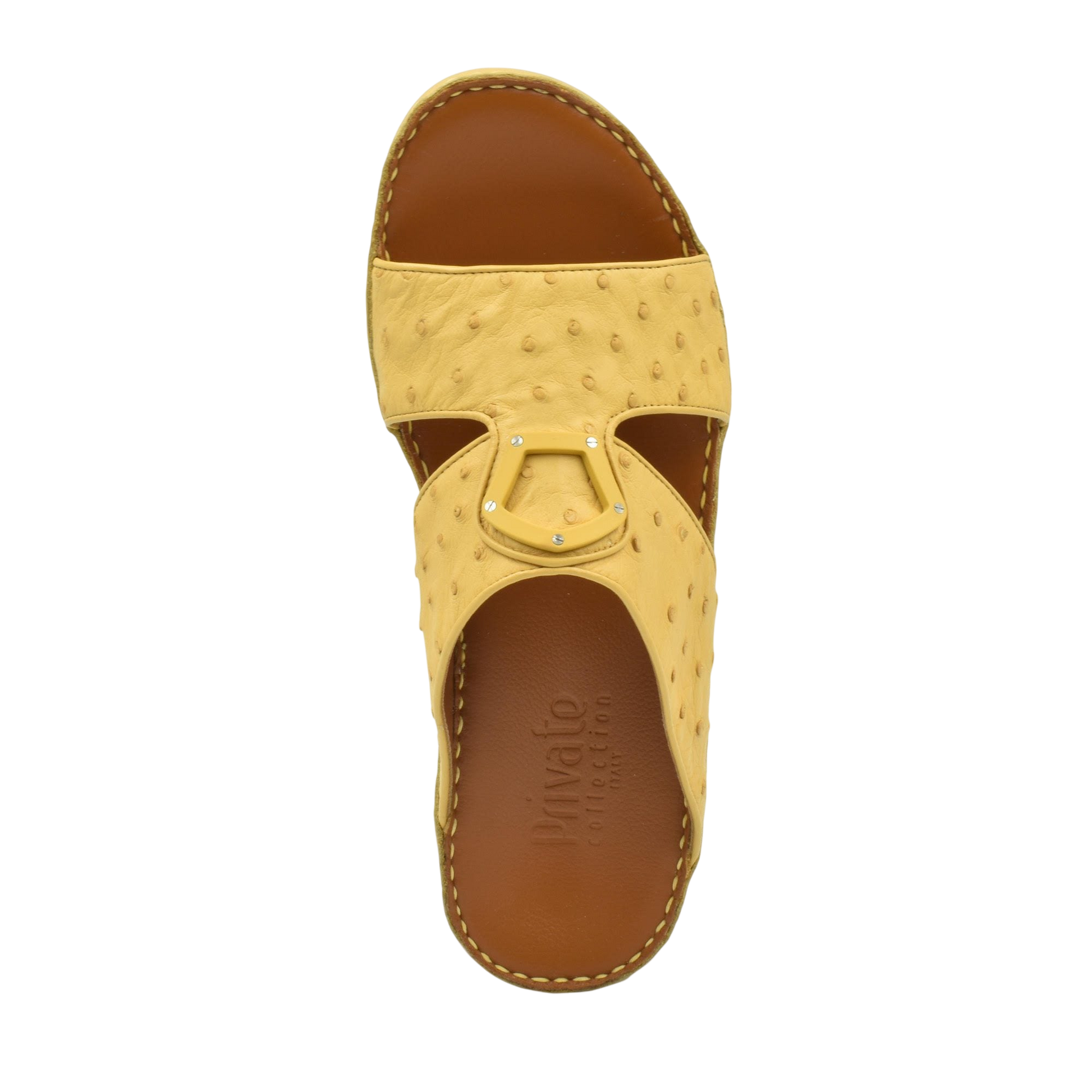 Top view of yellow ostrich leather sandals with brown footbed from Private collection